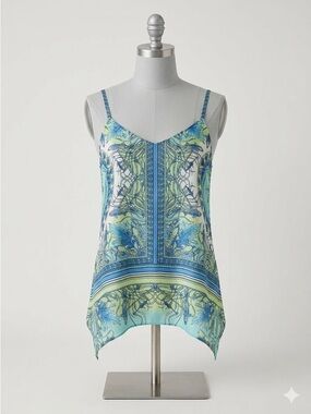 Hale Bob Silk Blue and Green Tropical Handkerchief-Hem Cami Top Size L